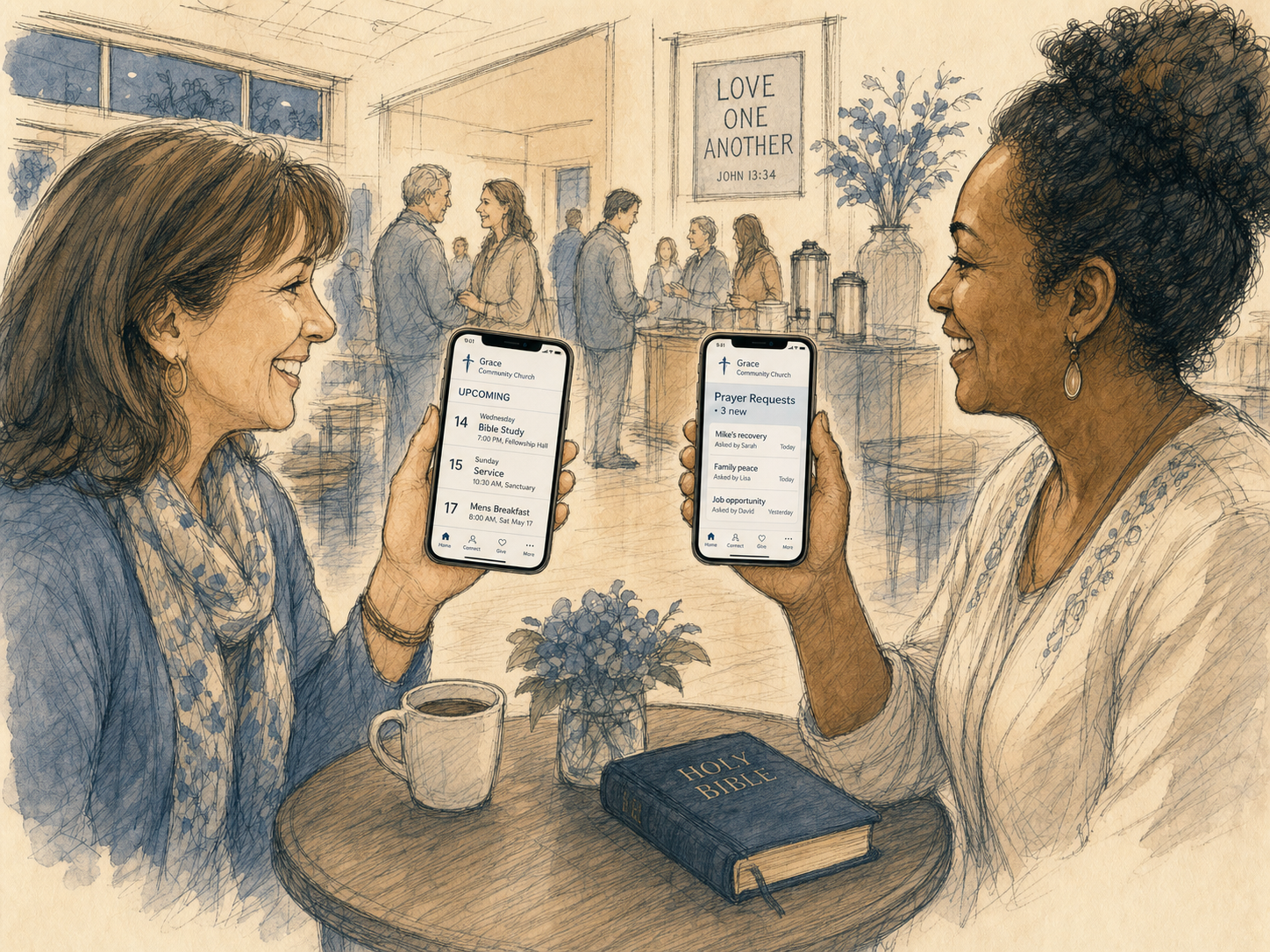 Pen-and-ink illustration of two women in a church fellowship hall holding up their phones to share what they're seeing in the SmallChurchApp — one screen shows Upcoming events on the church calendar, the other shows the week's Prayer Feed.