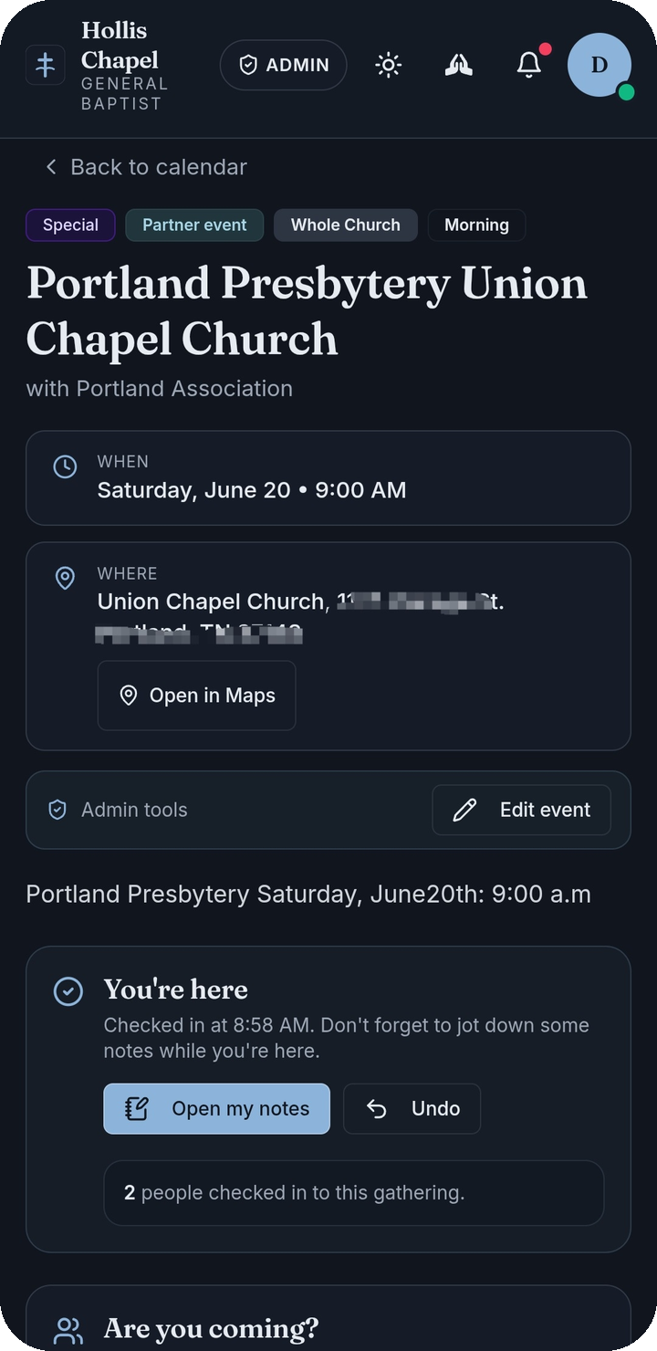 SmallChurchApp event screen showing Sunday service check-in and a notes area.