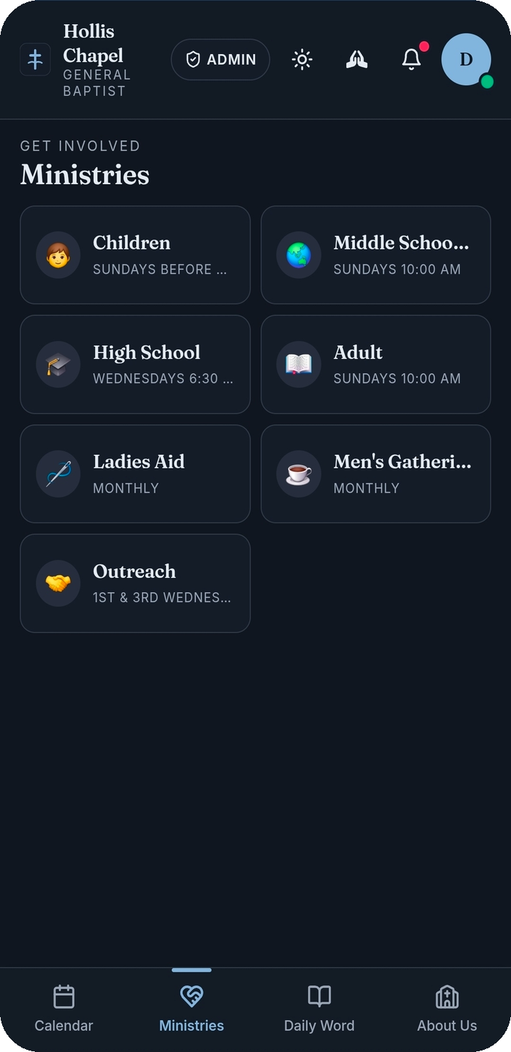 SmallChurchApp ministries screen showing ways to get involved in the church's work.