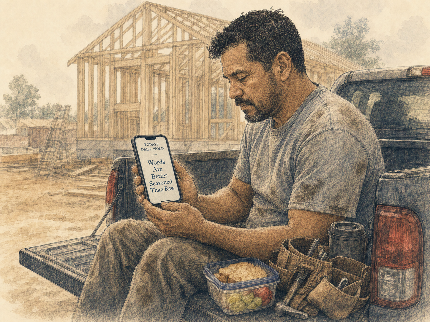 Pen-and-ink and watercolor illustration of a construction worker on the tailgate of his pickup at a job site, lunchbox open beside him, reading the day's Daily Word on his phone during his lunch break.