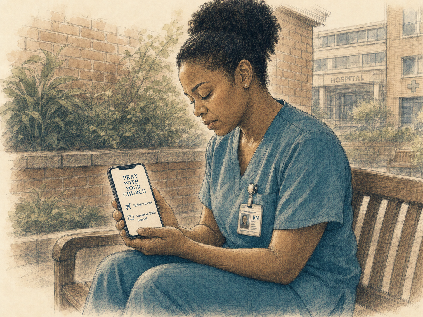 Pen-and-ink and watercolor illustration of a nurse in scrubs sitting on a bench in a hospital courtyard between shifts, reading her church's Prayer Feed on her phone.