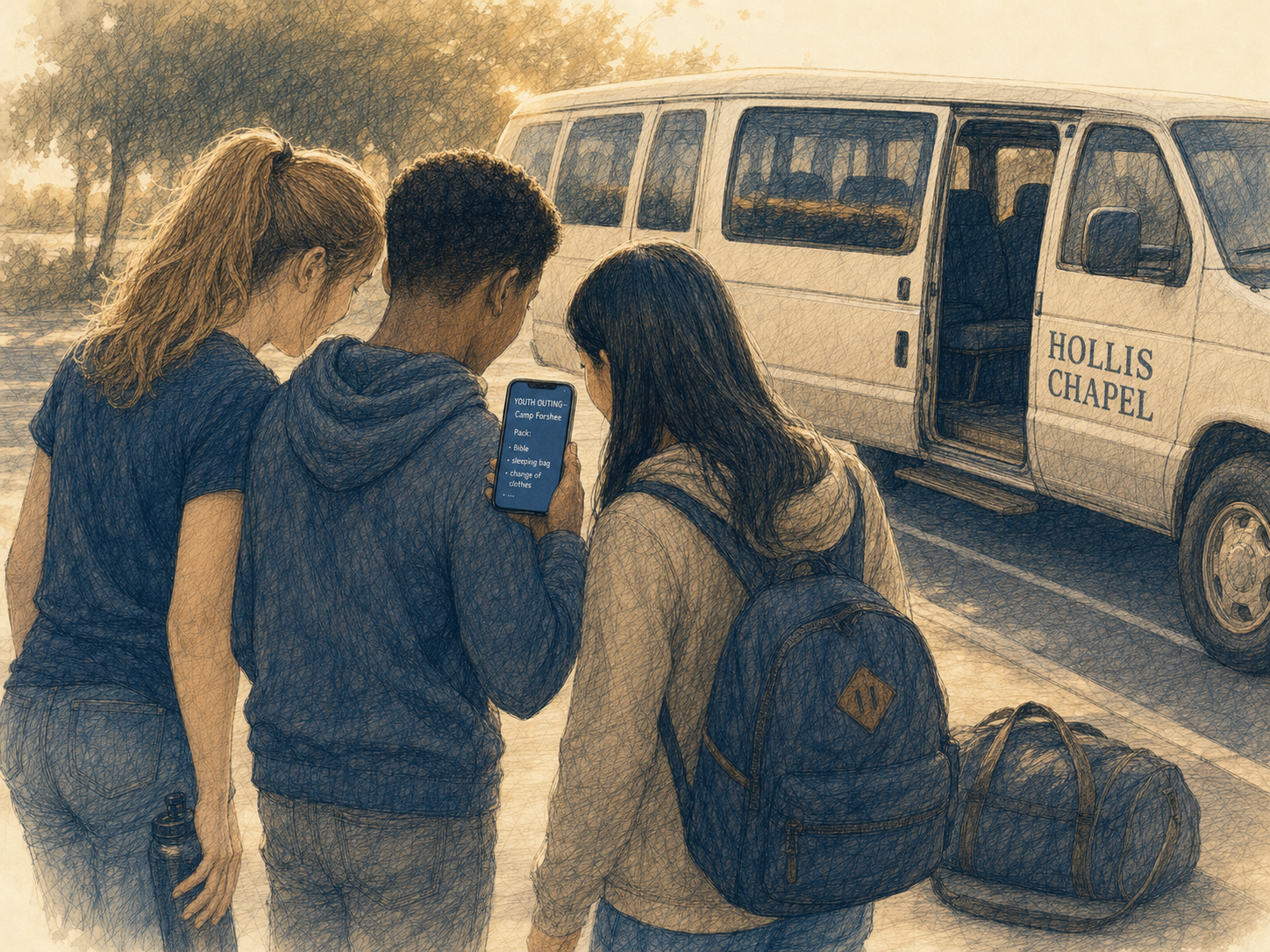 Pen-and-ink and watercolor illustration of three teenagers gathered around one phone in a church parking lot, checking the pack list for a youth outing as they load up the Hollis Chapel van behind them.